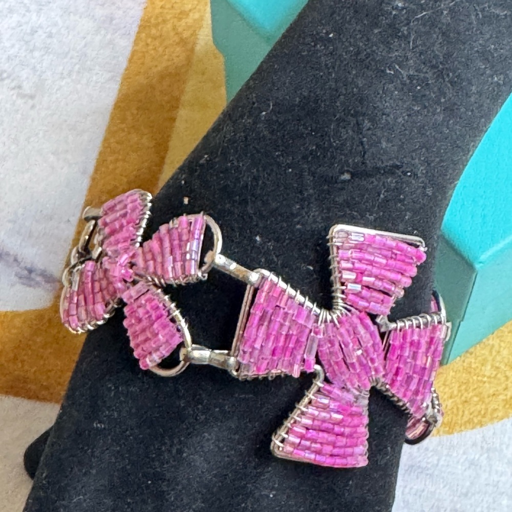 Micro Pink Beaded Cross  Floral Bracelet